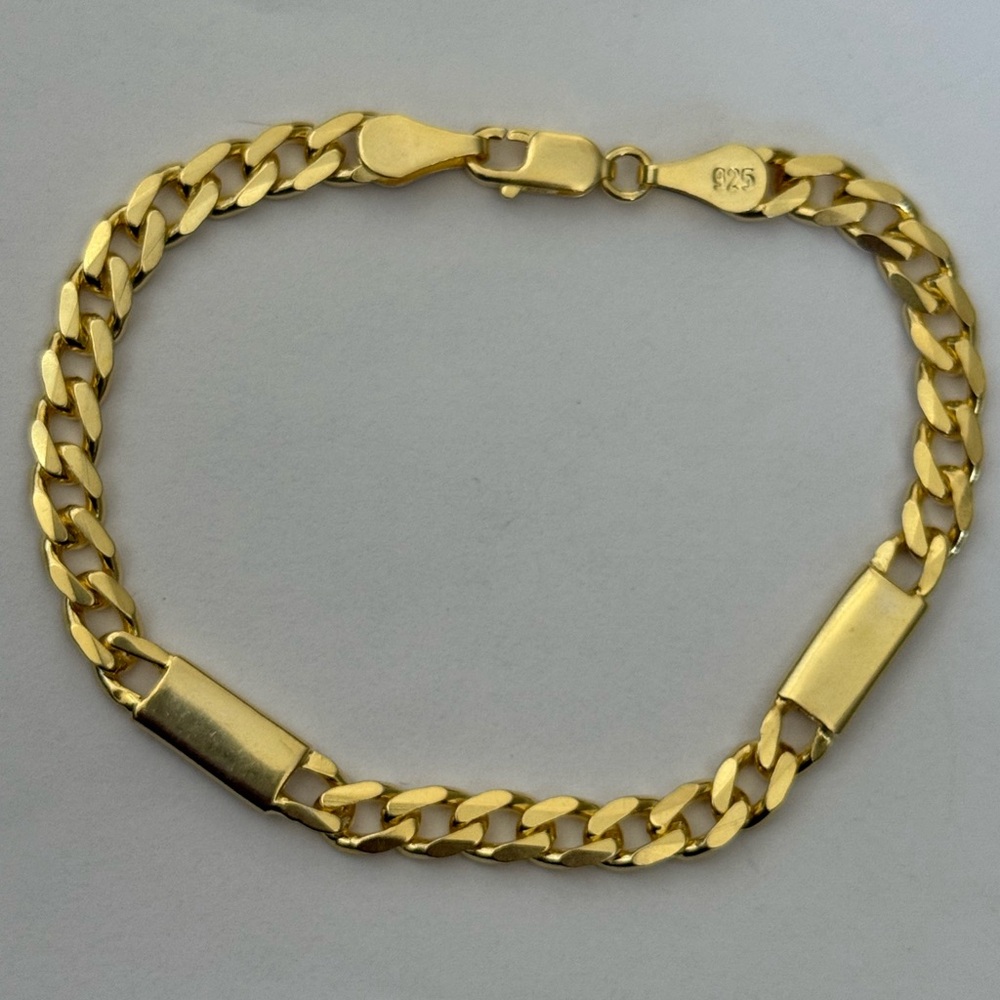 925 Silver 7.5” 5mm bracelet cuban with bar bars chain 18k yellow gold plated
